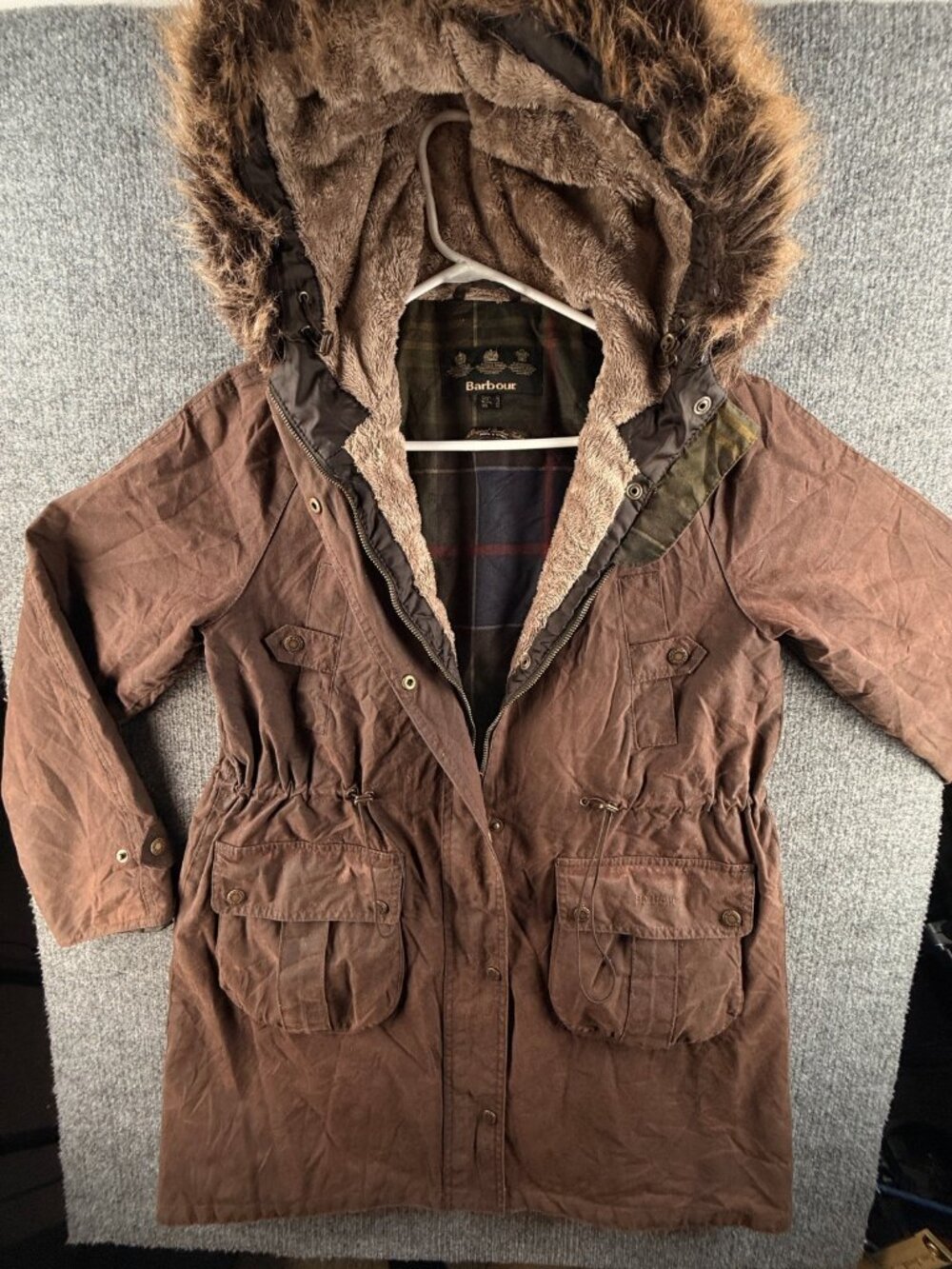 Barbour Hartwith Wax Jacket Faux Fur Hood Red Brown Cinch Waist Canvas USA 8